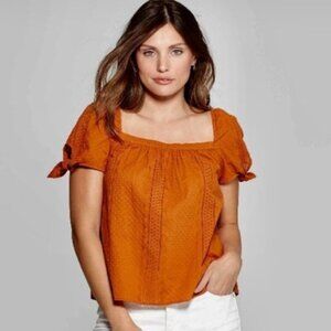 100% Cotton Eyelet Tie Sleeve Blouse Cottagecore Peasant Puff Sleeve Top XS